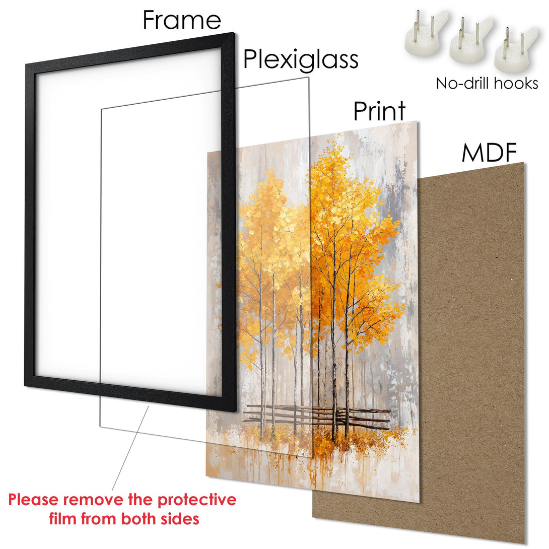 Framed Poster of fall trees with a black frame. Warm yellow and gray color palette, perfect for home decor. Ready to hang.
