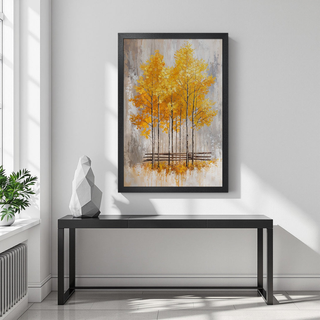 Framed Poster featuring vibrant yellow trees in an abstract style. Earthy color palette perfect for adding warmth to any room.