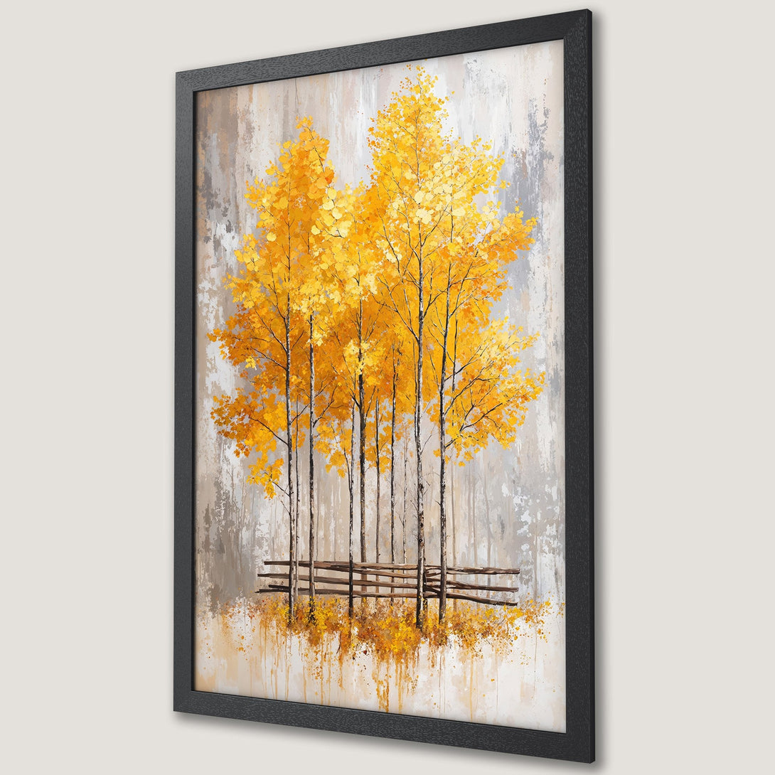 Framed Poster featuring abstract yellow trees with a neutral color palette. Perfect wall art for modern decor.