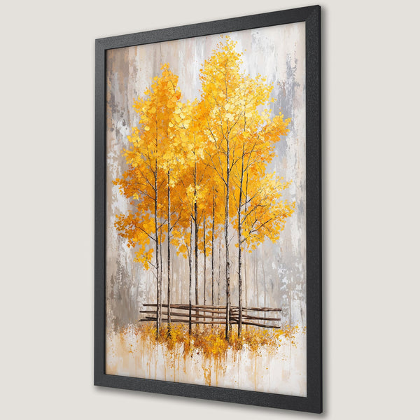 Framed Poster featuring abstract yellow trees with a neutral color palette. Perfect wall art for modern decor.