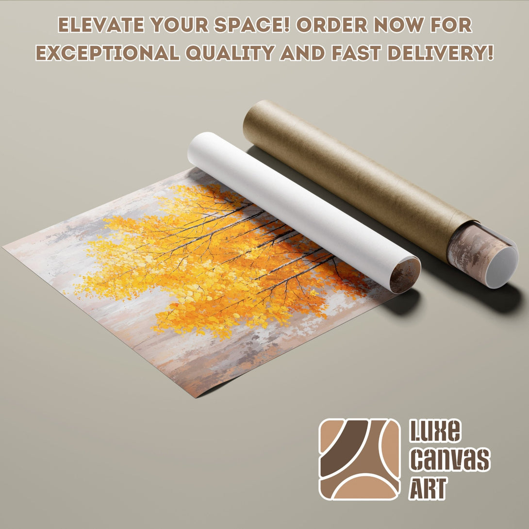 Poster Roll of an abstract autumn tree painting in yellow and gray tones. Elevate your decor!