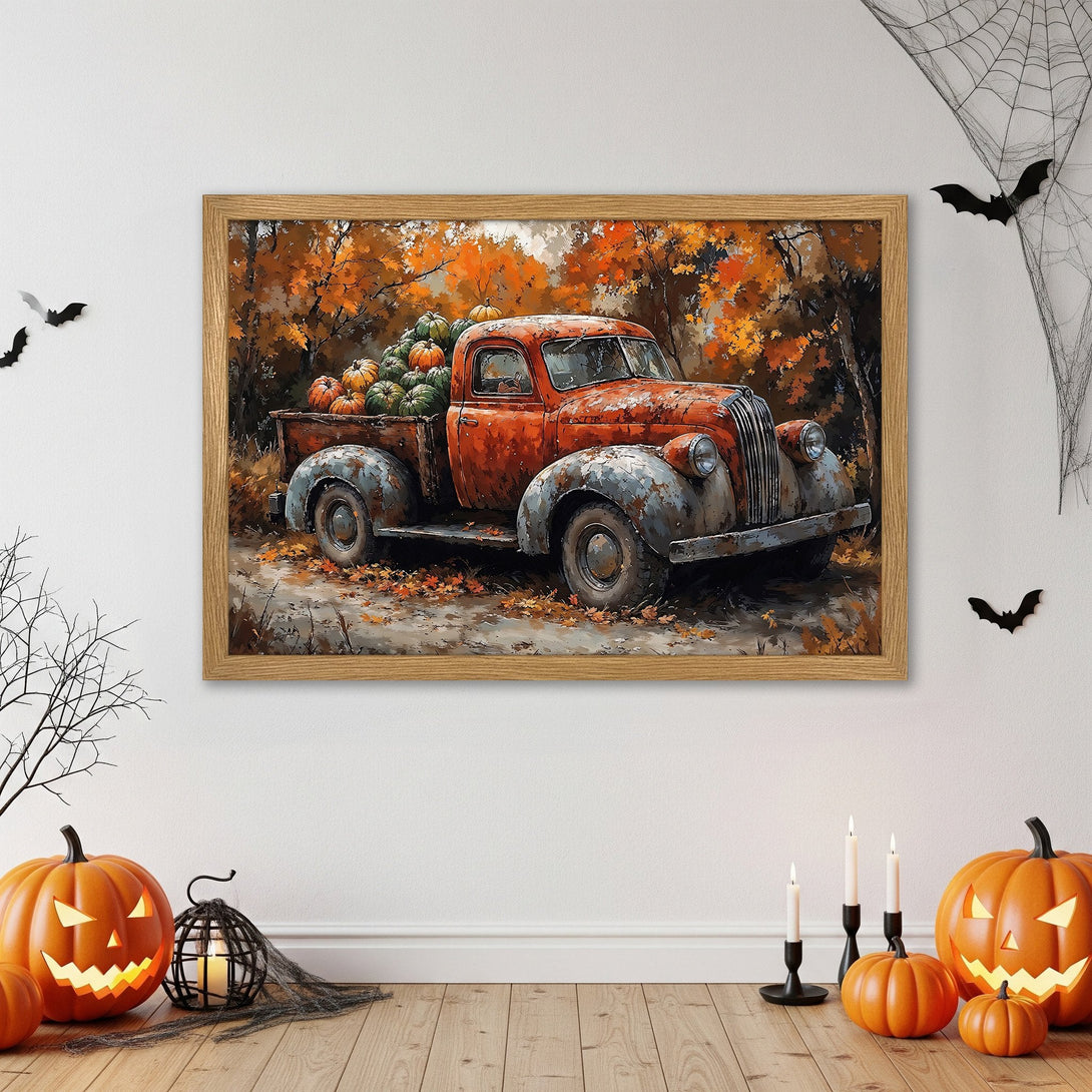 Framed Poster featuring vintage truck filled with pumpkins, autumnal style, warm orange and brown palette. Perfect fall decor!
