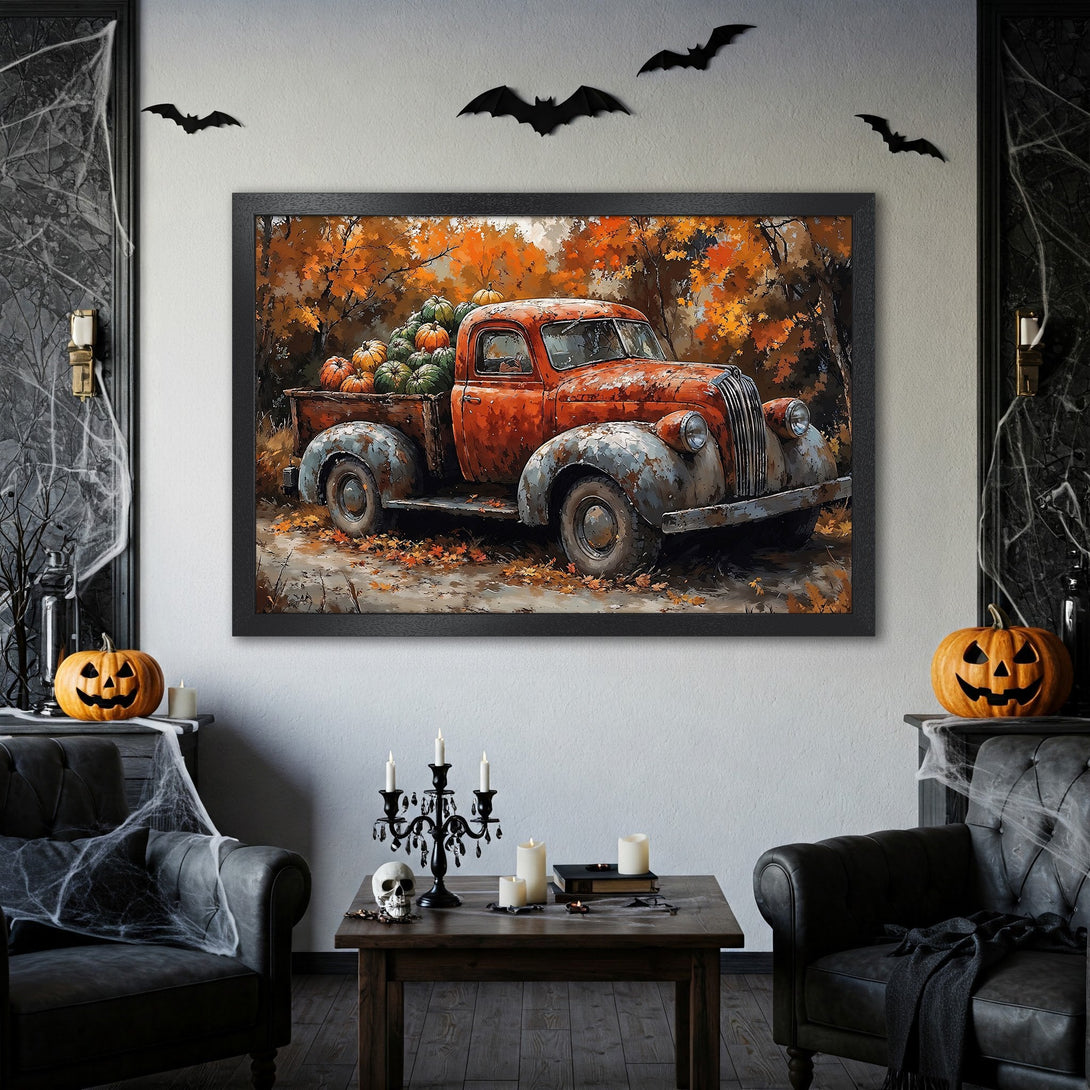 Framed Poster featuring a vintage truck filled with pumpkins, autumn colors. Perfect Halloween decor!