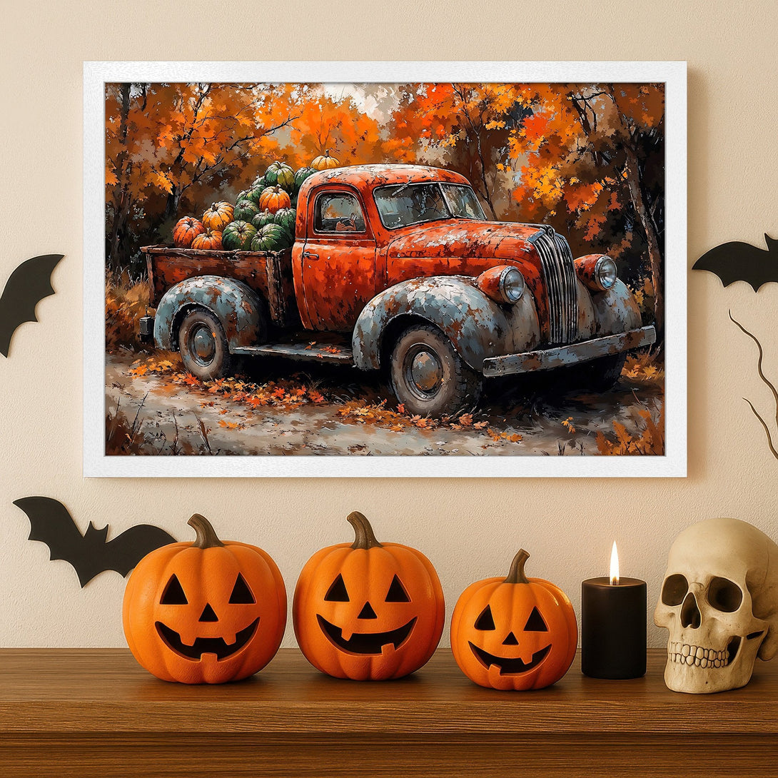 Framed Poster featuring an autumn scene with a vintage truck carrying pumpkins, warm orange palette, perfect for fall decor.