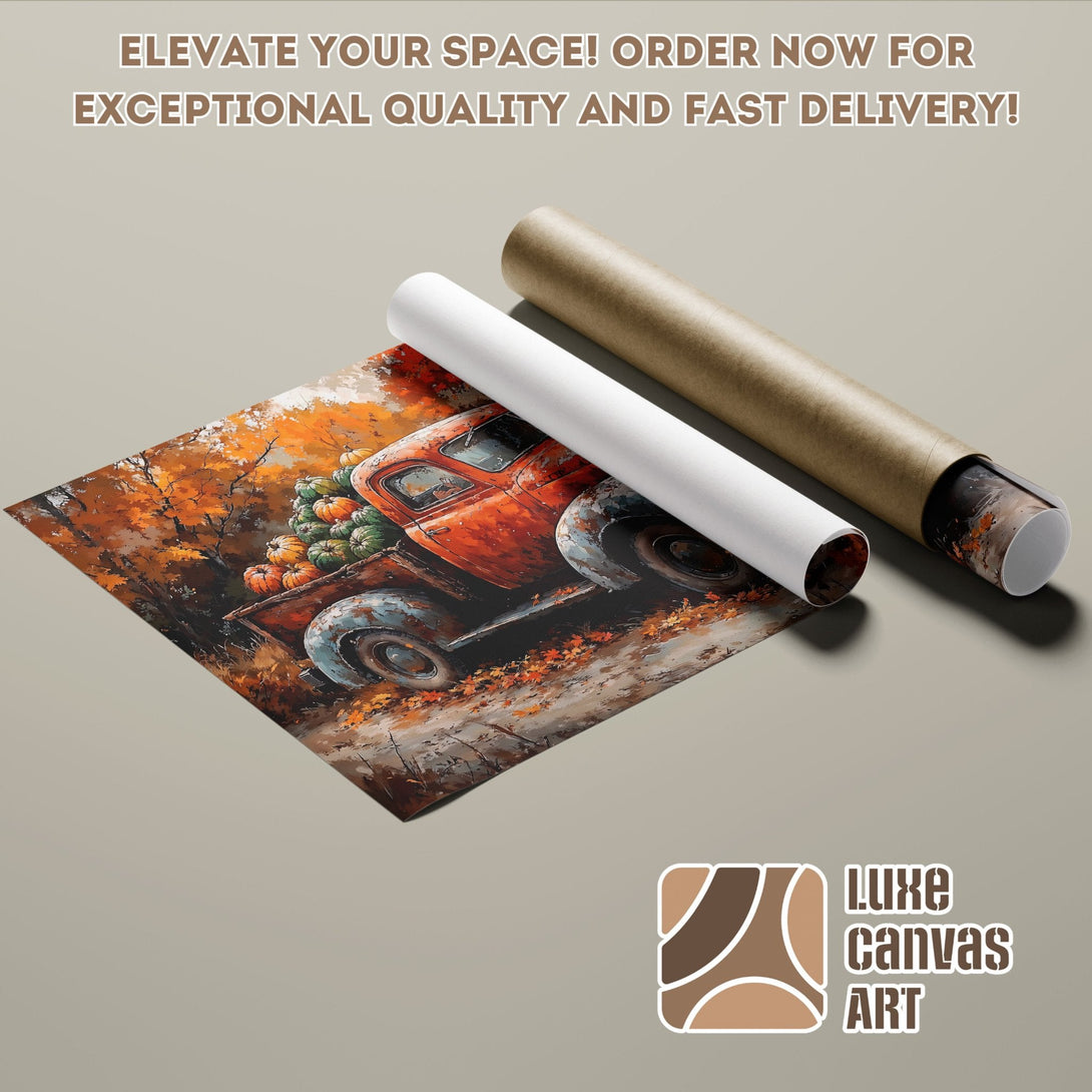 Poster Roll featuring an autumn truck scene, warm orange & brown tones. Elevate your space!