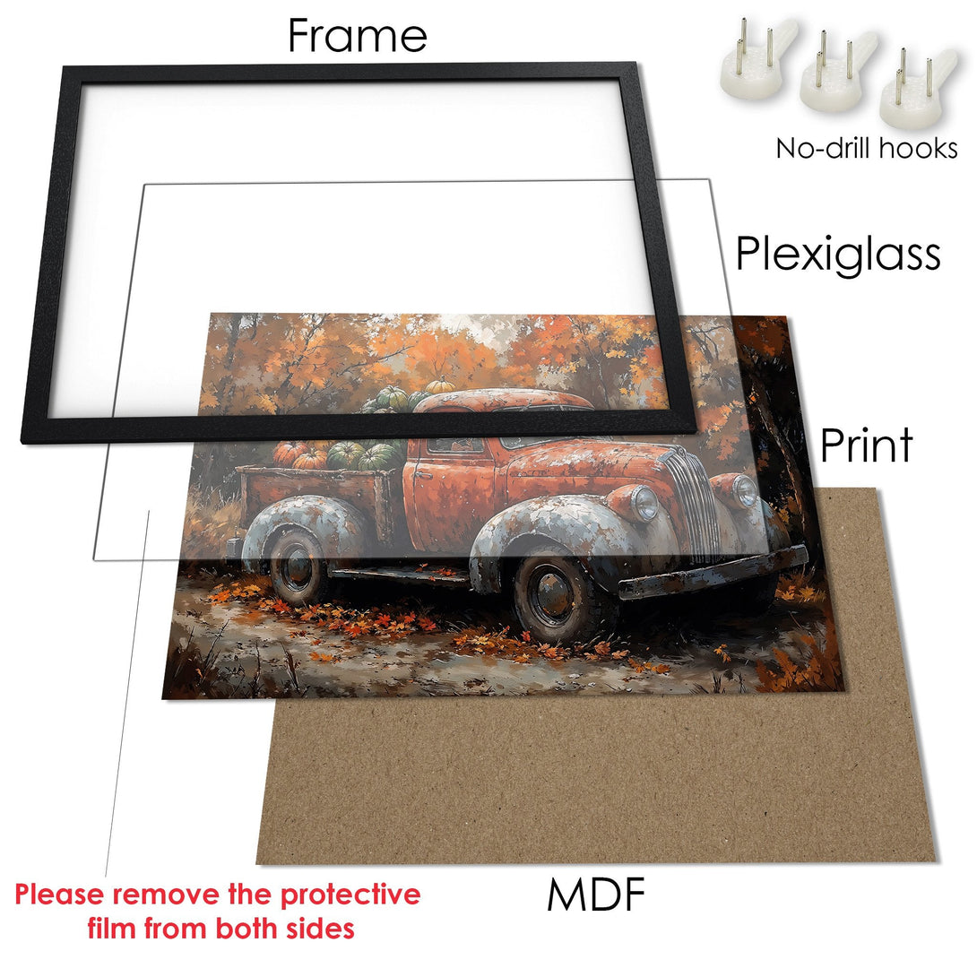 Framed Poster featuring a vintage truck with pumpkins in an autumn scene. Warm orange and brown tones. Perfect wall art!