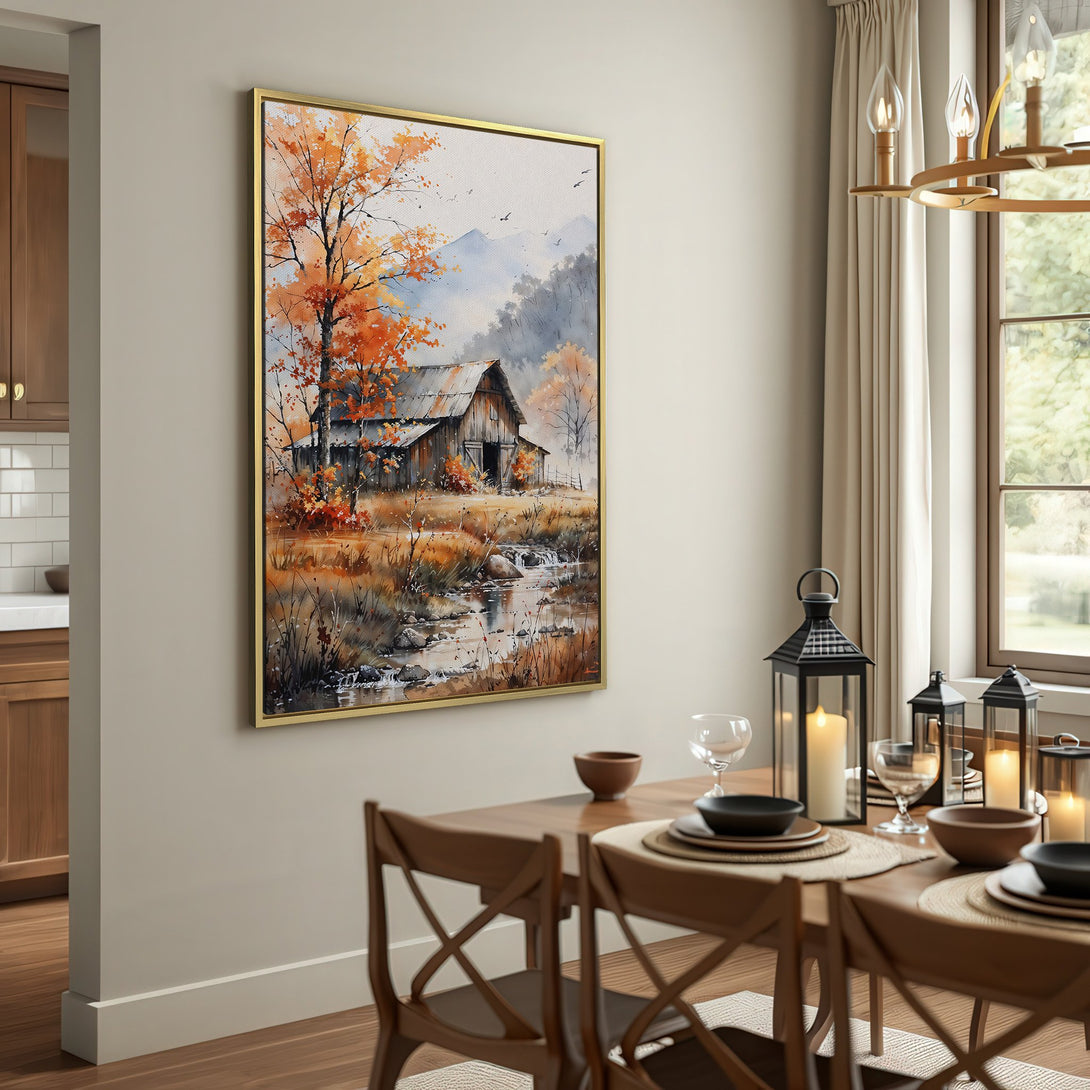 Canvas Print of a rustic barn scene in watercolor style, featuring warm autumn colors and a serene landscape. Perfect wall art for a cozy home.