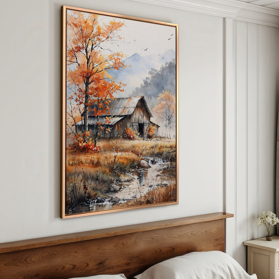 Framed Wall Art: Watercolor landscape of a barn with autumn trees. Warm orange, brown, and gray color palette. Perfect for rustic home decor.
