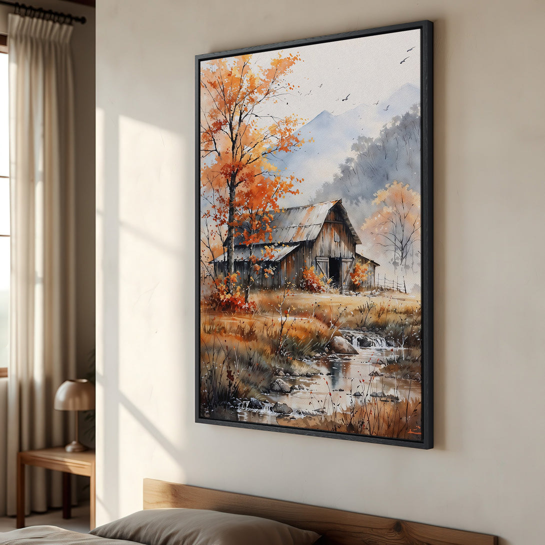 Framed Wall Art: Watercolor barn scene with autumn foliage. Earthy tones of orange, brown, and blue. Perfect for rustic home decor.