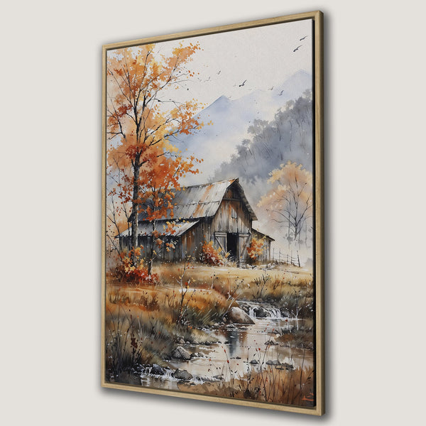 Framed Wall Art: Watercolor landscape of a barn in autumn. Warm orange, brown, and gray color palette. Rustic art for home decor.