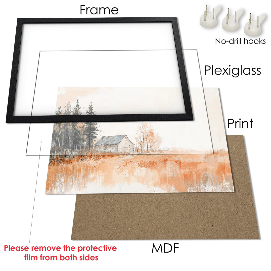 Framed Poster of a rustic barn scene in a warm, neutral color palette. Perfect for adding a touch of nature to your home.