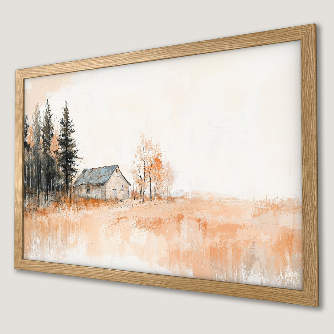 Framed Poster featuring a rustic landscape painting in warm orange and neutral tones. Perfect wall art!