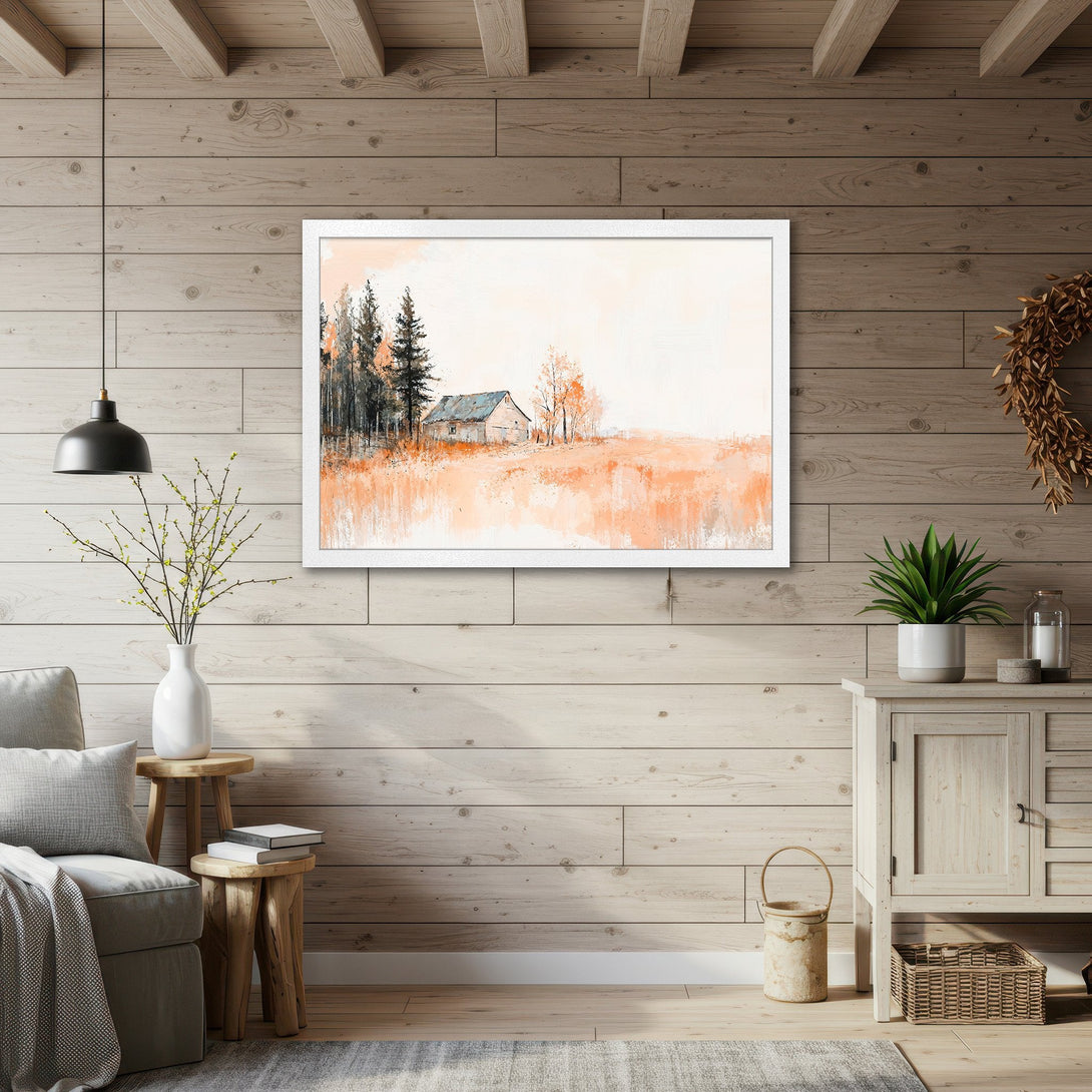 Framed Poster of a rustic landscape painting in warm orange and brown tones, perfect for adding a cozy touch to any space.
