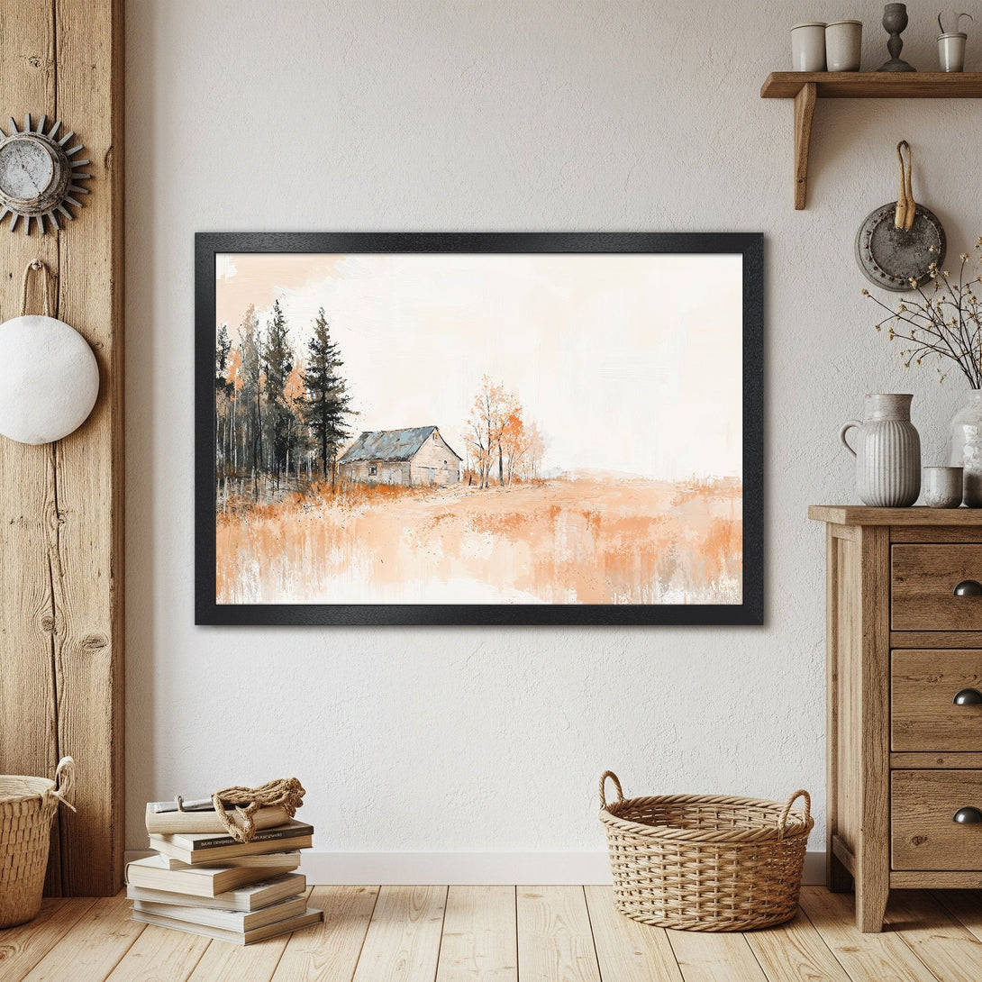 Framed Poster featuring a watercolor landscape with a cabin in warm, earthy tones. Perfect wall art for rustic decor.