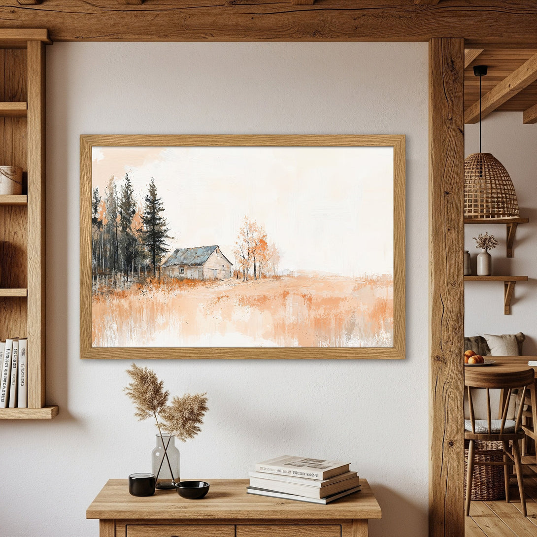 Framed Poster featuring a rustic landscape painting in warm orange and brown tones. Perfect wall art for a cozy home.