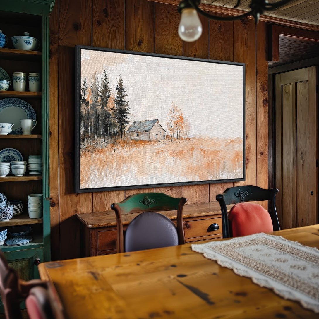 Framed Wall Art: Rustic landscape Canvas Print in warm earth tones. Perfect for adding cozy charm to your dining room!