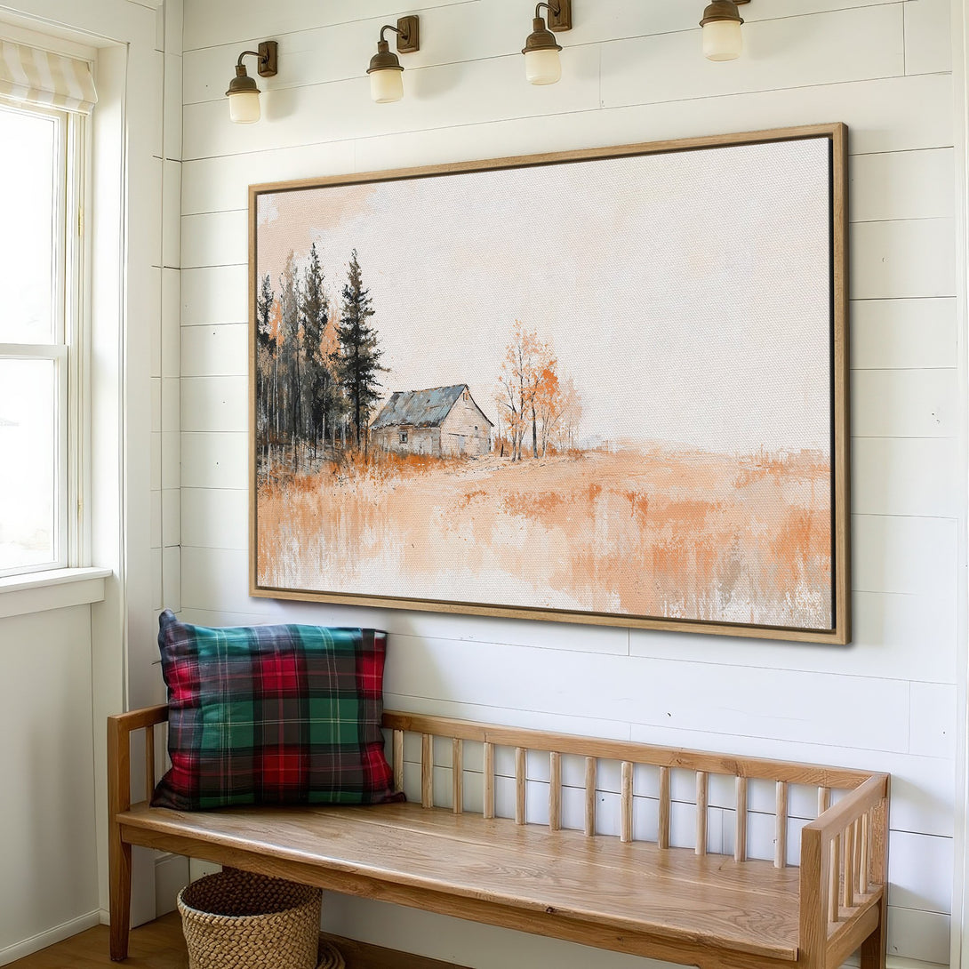 Framed Wall Art: Rustic landscape painting in warm orange and neutral tones. Adds cozy charm to any space. Shop now!