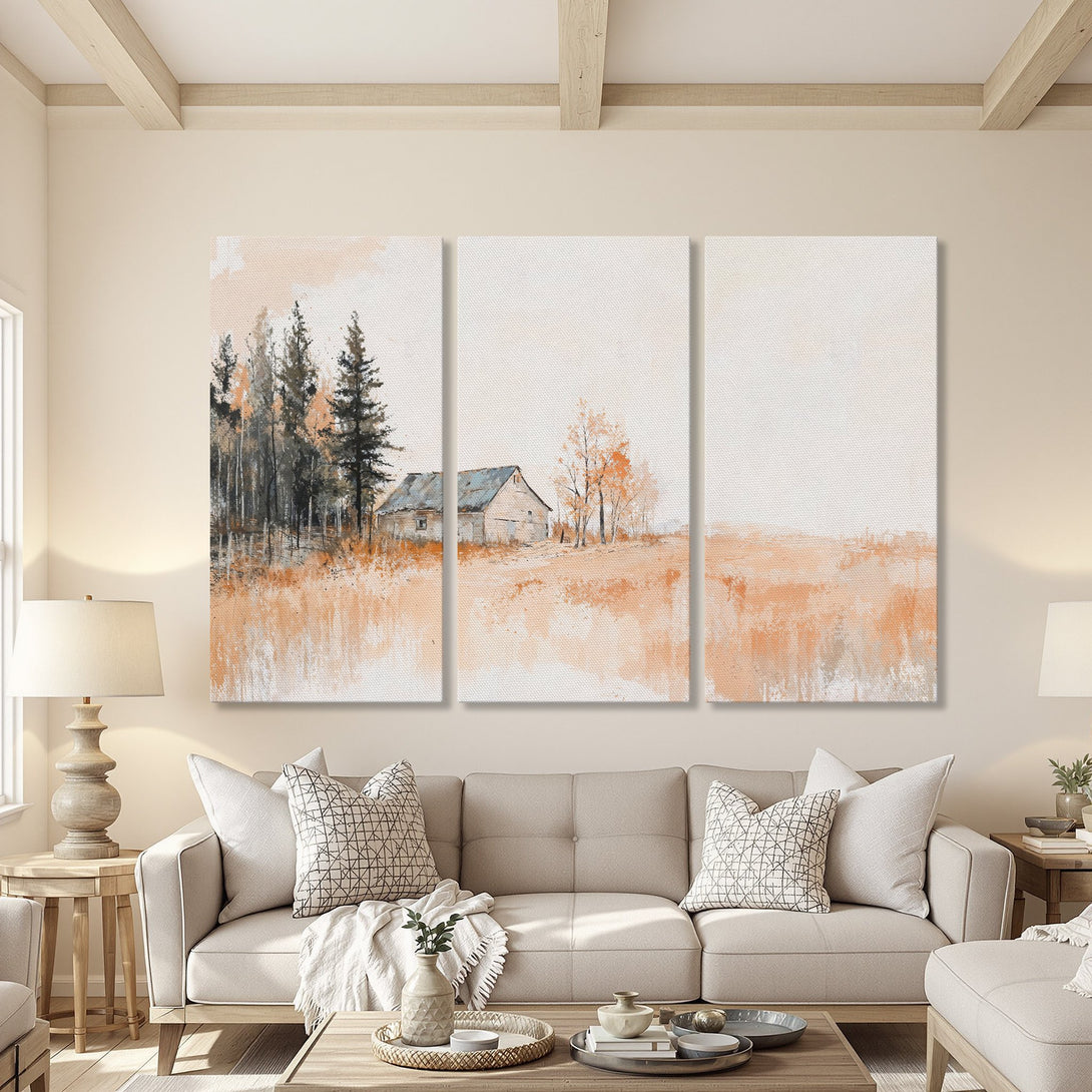 Canvas Print: Rustic landscape art in warm orange and neutral tones. Perfect for adding a touch of nature-inspired elegance to your living room.