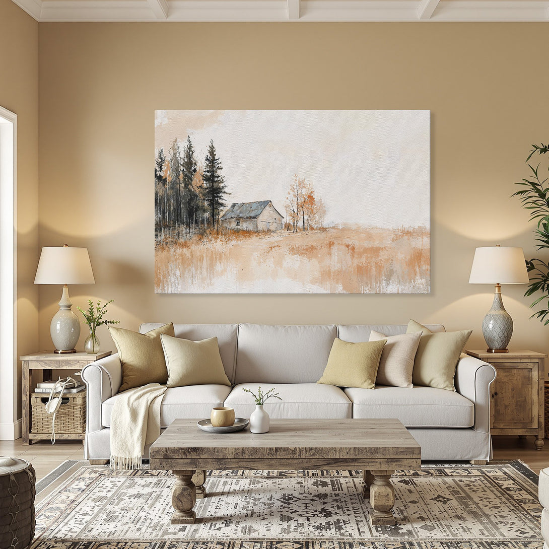 Framed Wall Art: Rustic landscape Canvas Print with a barn & trees. Warm, earthy color palette. Perfect for adding a touch of nature to your home decor.