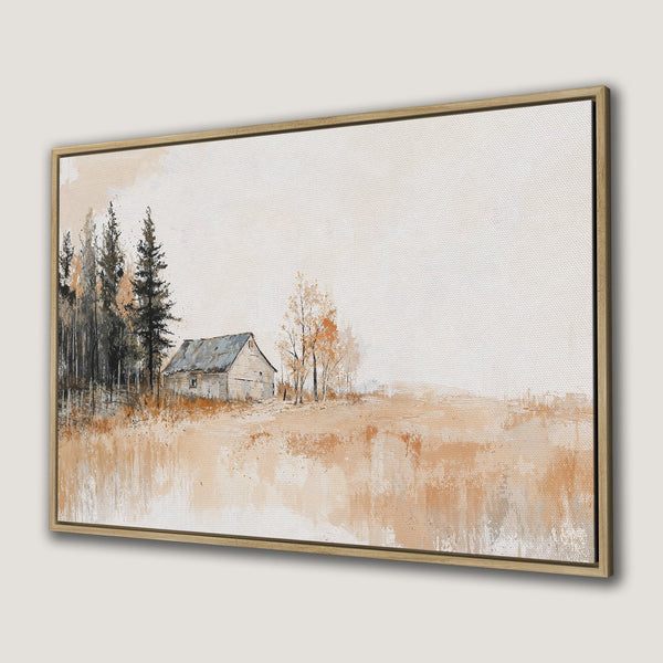 Canvas Print of a rustic barn landscape painting in warm, neutral tones. Perfect for adding a touch of nature and serenity to your space.