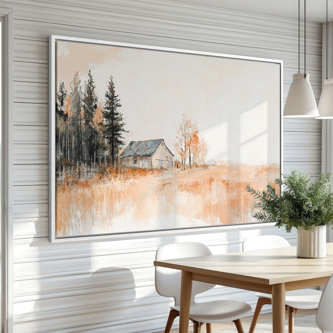 Framed Wall Art: Rustic landscape painting in neutral tones. Barn scene with trees in a warm, inviting color palette. Perfect for farmhouse decor.