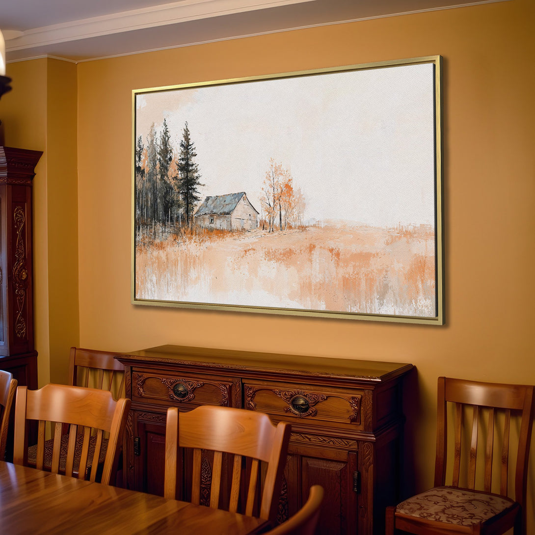 Canvas Print of a serene landscape painting in neutral tones, perfect for adding a touch of rustic charm to your home decor.