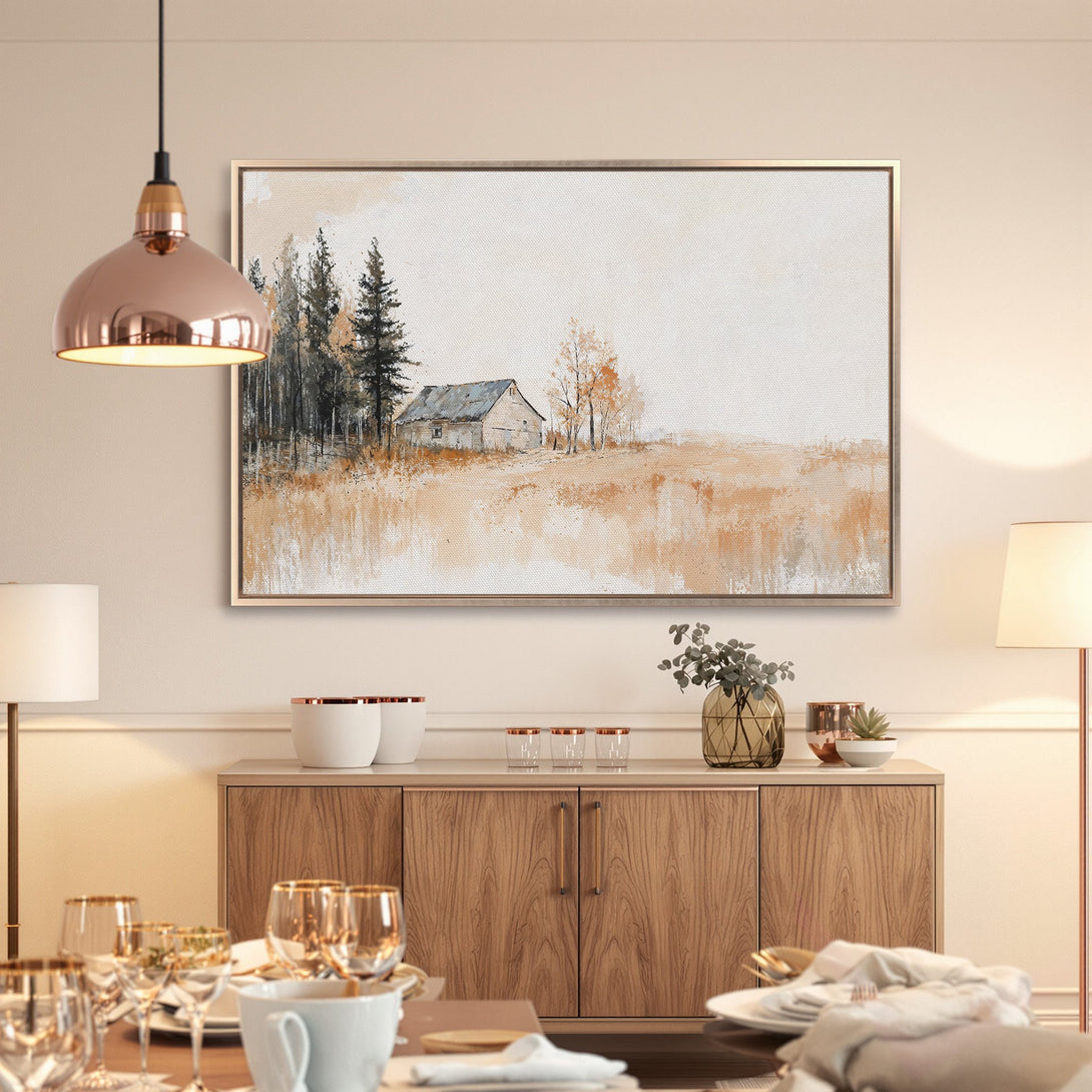 Framed Wall Art: Rustic barn scene in warm neutral tones. Perfect for adding a touch of farmhouse charm to your dining room decor.