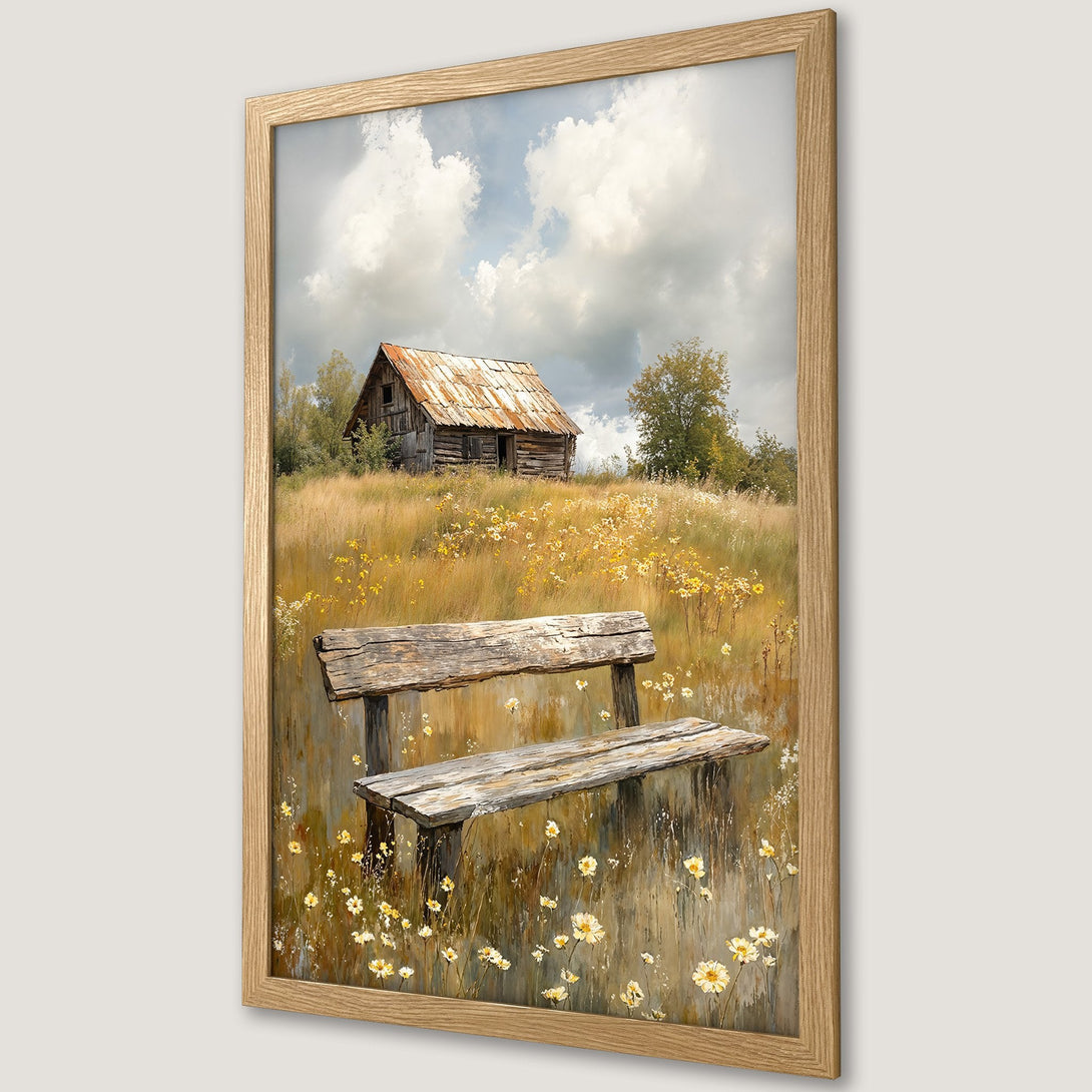 Framed Poster of a rustic landscape with a barn, bench, and wildflowers. Earthy tones and impressionistic style. Perfect wall art.