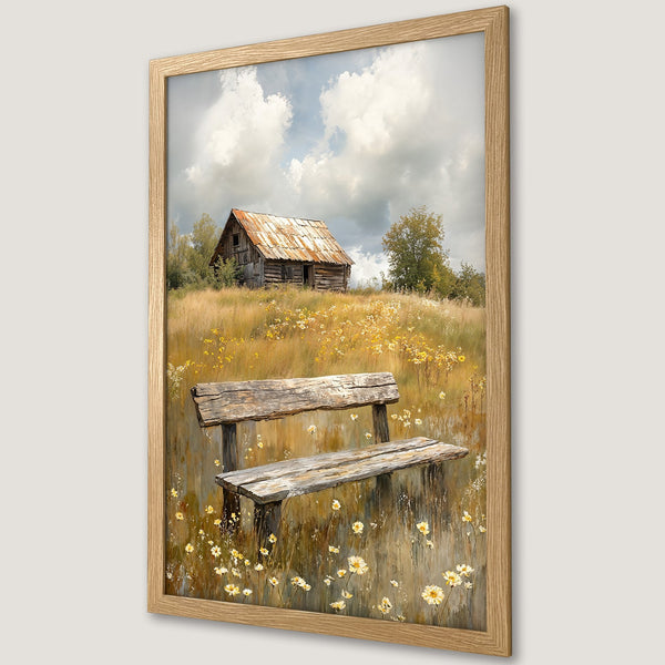 Framed Poster of a rustic landscape with a barn, bench, and wildflowers. Earthy tones and impressionistic style. Perfect wall art.