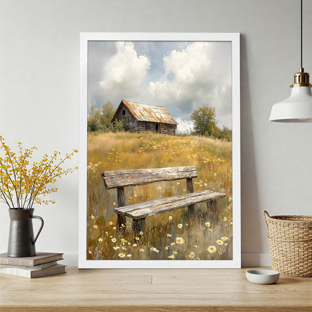 Framed Poster of a rustic landscape with a barn and bench. Warm, earthy tones and impressionistic style. Perfect wall art!