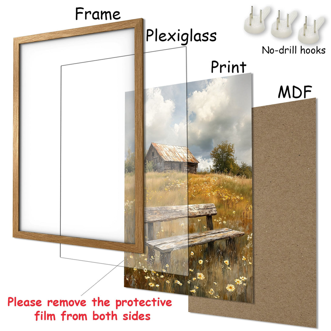 Framed Poster of a rustic landscape with a barn and bench, warm earth tones and a touch of blue. Perfect wall art!
