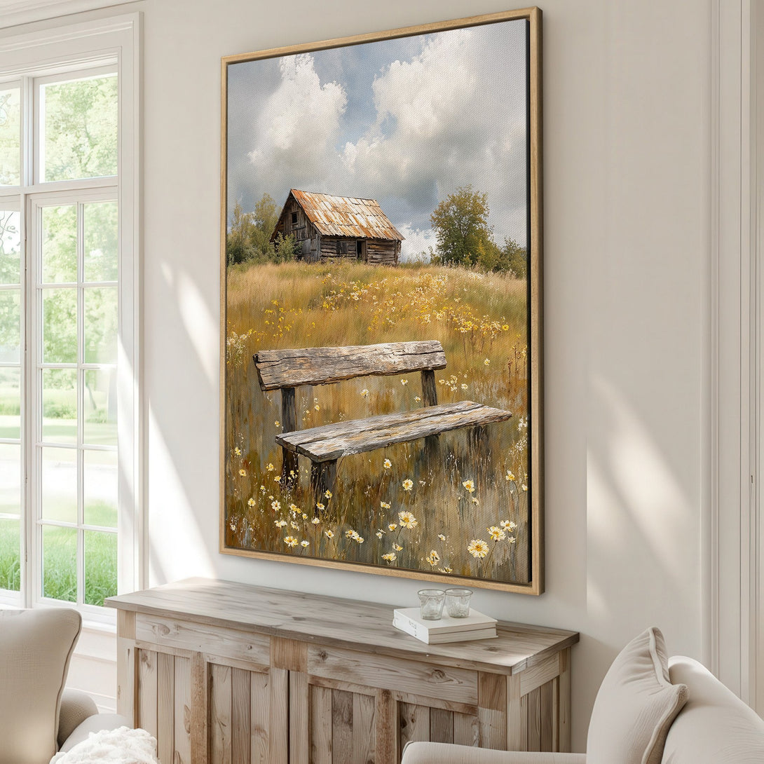 Framed Wall Art of a rustic landscape with a barn and bench, featuring a warm, earthy color palette. Perfect for adding a touch of nature to your home.