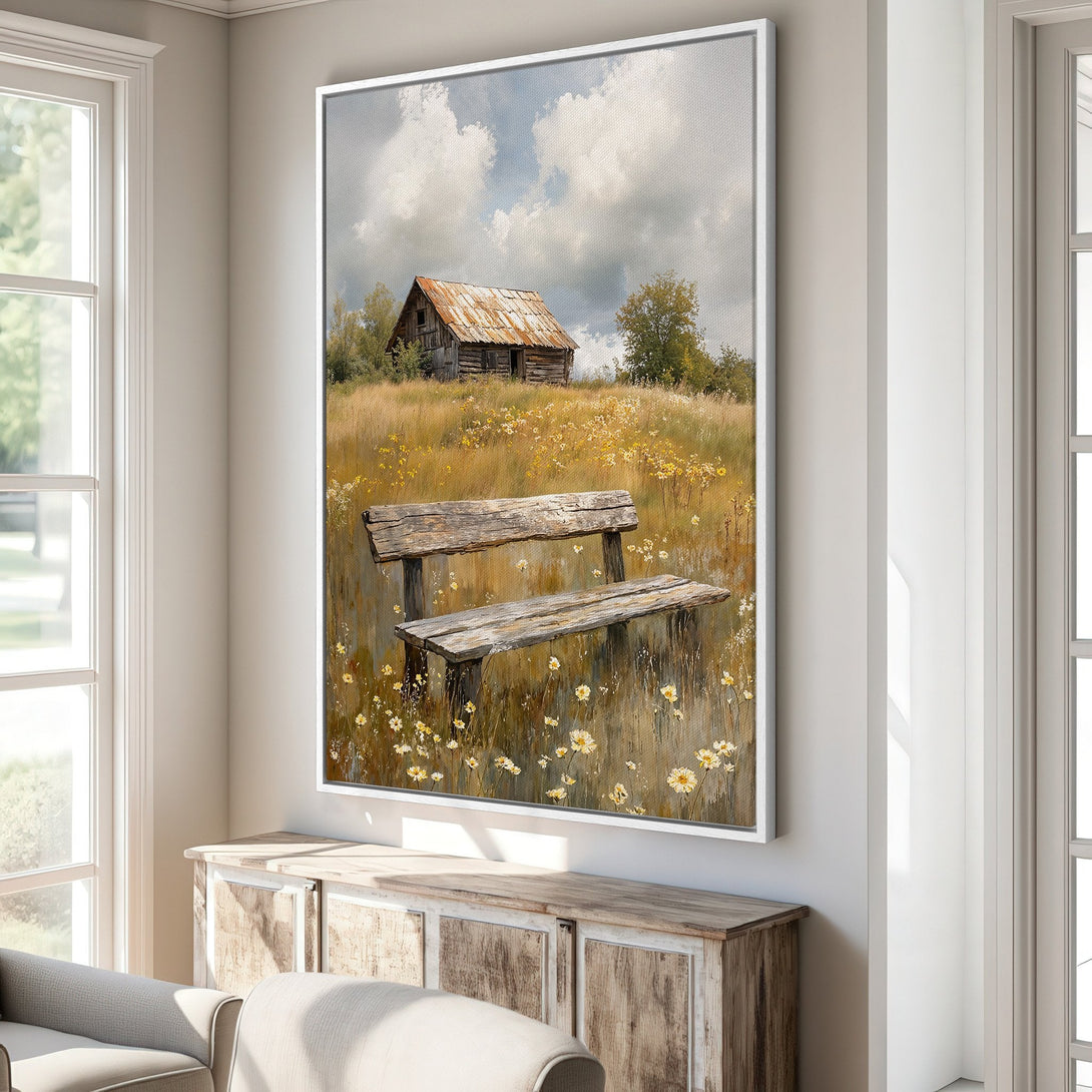 Framed Wall Art featuring a rustic landscape with a barn and bench. Earthy tones of brown, yellow, and green create a calming, vintage aesthetic. Perfect for home decor.