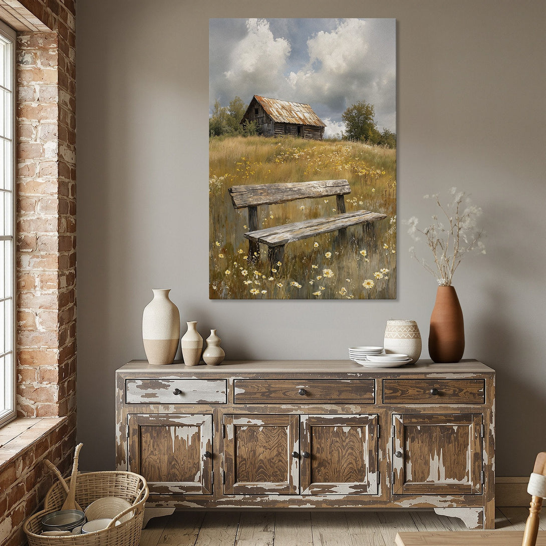 Framed Wall Art: Rustic landscape Canvas Print with a barn, warm yellow & brown tones, perfect for farmhouse decor.