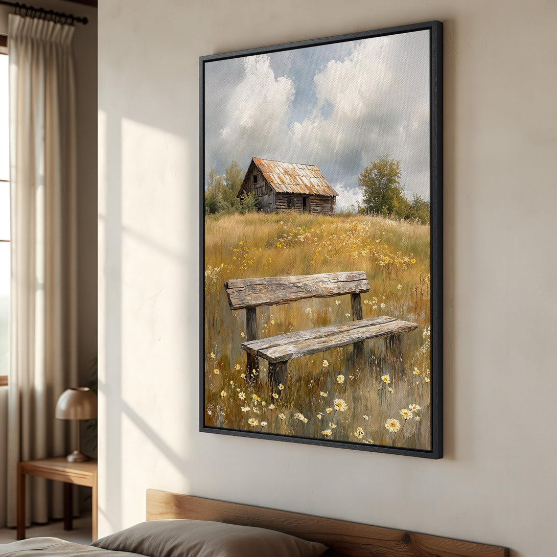 Framed Wall Art: Rustic landscape Canvas Print with a barn and bench, warm yellow and brown tones, perfect for farmhouse decor.