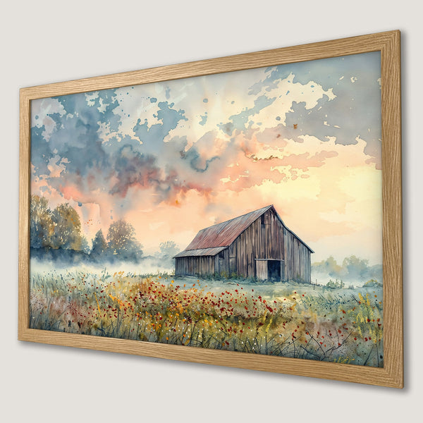 Framed Poster of a watercolor barn scene with warm sunset colors. Rustic art for your home!