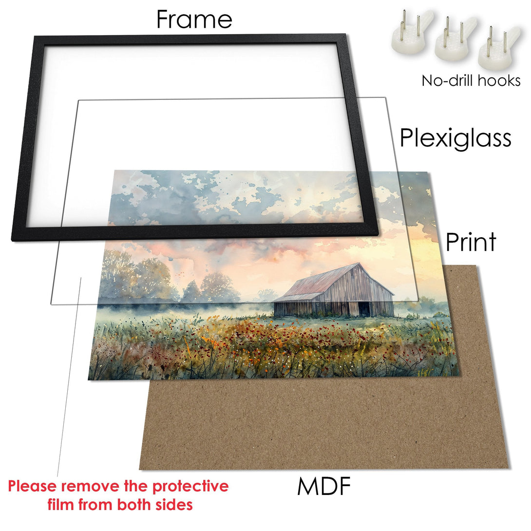 Framed Poster of a watercolor barn scene in a warm color palette. Perfect art for your home!