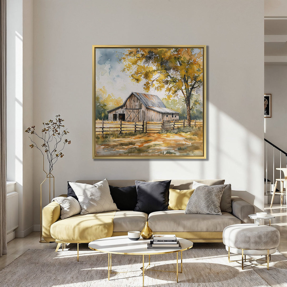 Canvas Print of a watercolor barn scene in warm autumn hues. Rustic farmhouse style wall art for cozy home decor.