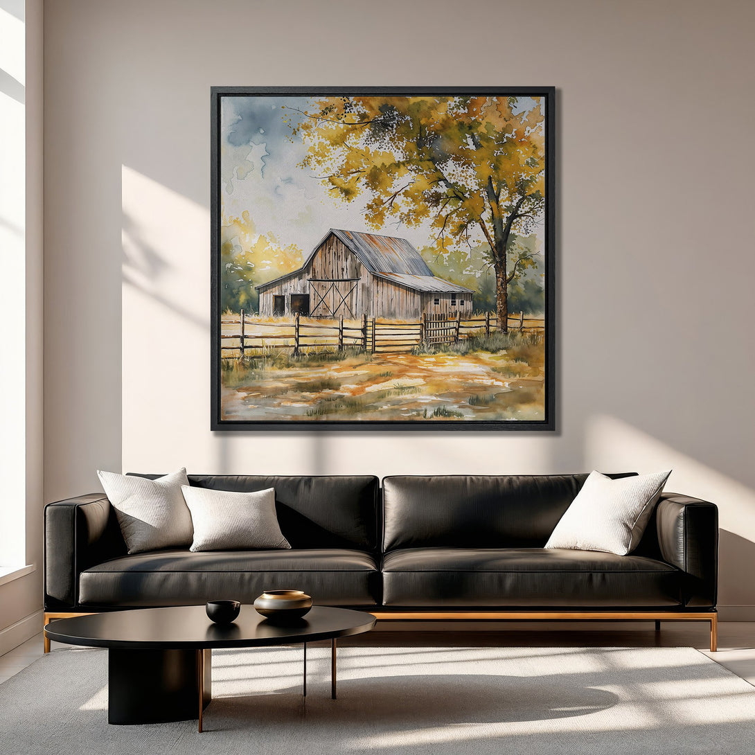 Framed Wall Art featuring a watercolor barn scene with warm yellows and rustic tones. Perfect for farmhouse decor. Canvas Print adds cozy charm to any room.