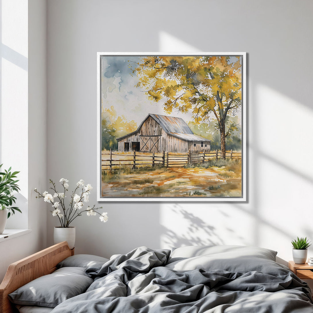 Framed Wall Art: Watercolor barn scene in warm, earthy tones. Rustic farmhouse art with a calming, natural aesthetic. Perfect for bedroom decor.