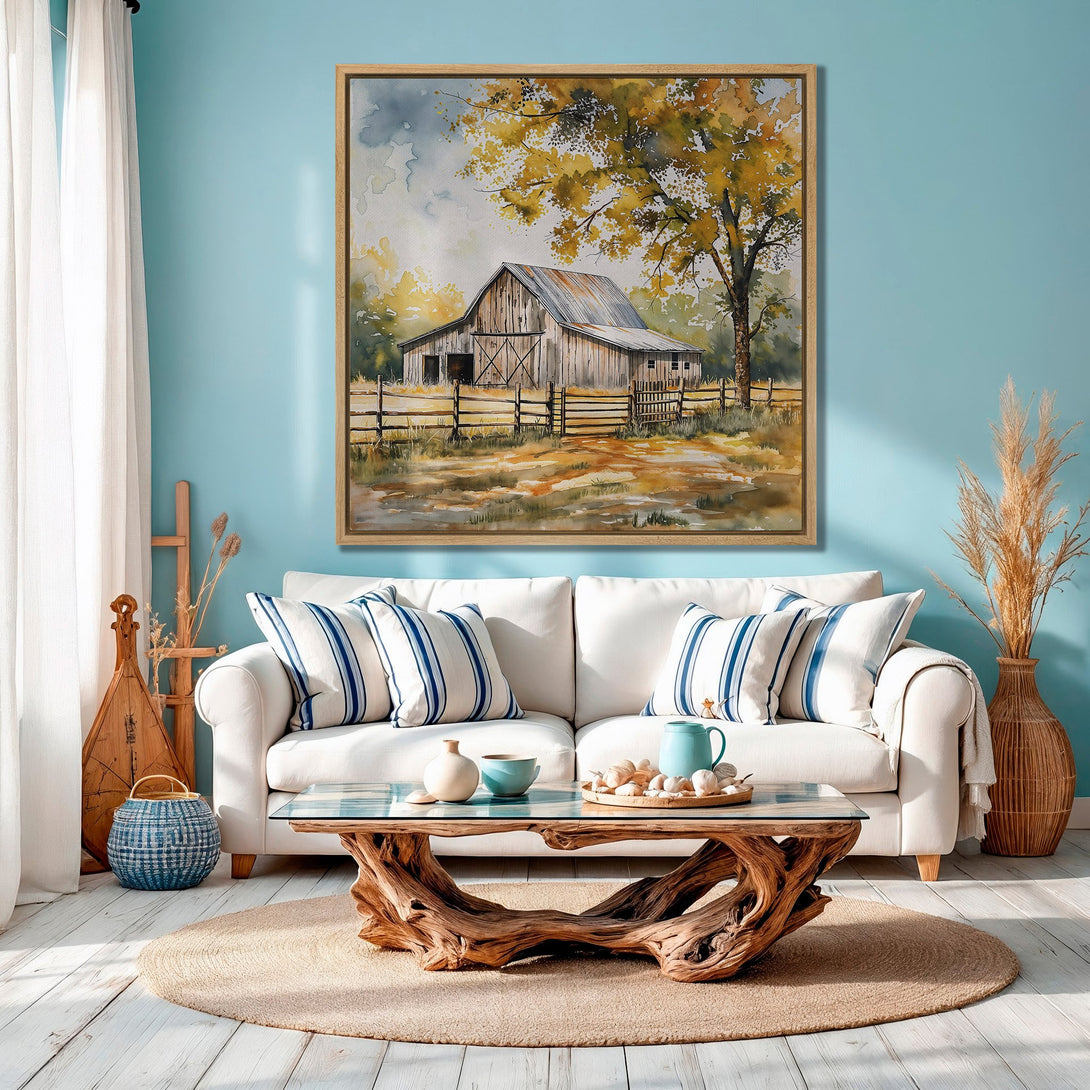 Framed Wall Art: Watercolor barn scene in warm, earthy tones. Rustic farmhouse decor with a touch of nature. Perfect for adding cozy charm to your home.