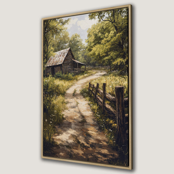 Framed Wall Art: Rustic landscape Canvas Print featuring a barn and dirt road, painted in a warm, earthy color palette. Perfect for farmhouse decor!