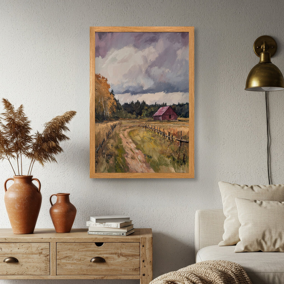 Framed Poster of a serene landscape in a warm color palette. Rustic art style, perfect for home decor. Bring the outdoors in!