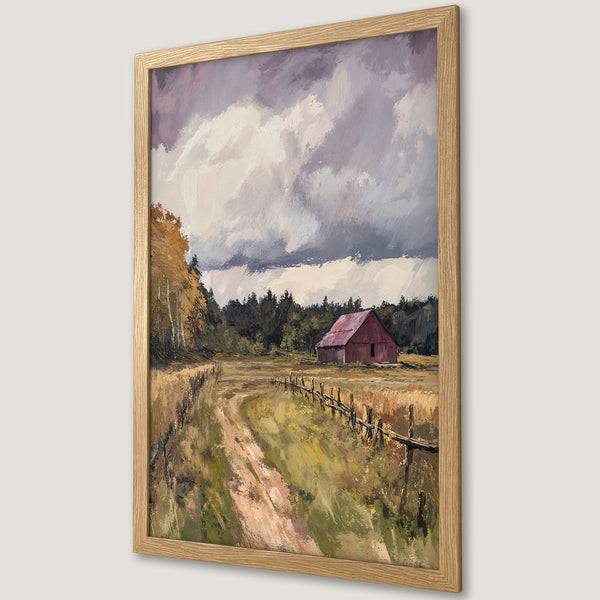 Framed Poster of a rustic landscape painting. Featuring a red barn, a dirt road, and a muted color palette of greens, browns, and purples. Perfect wall art.