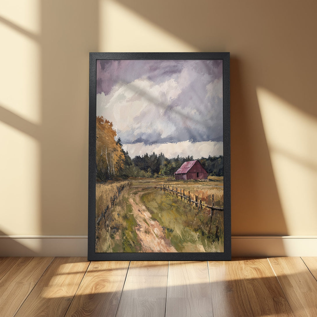 Framed Poster of a rustic barn landscape, impressionistic style with earthy tones and pops of red. Perfect wall art for your home!