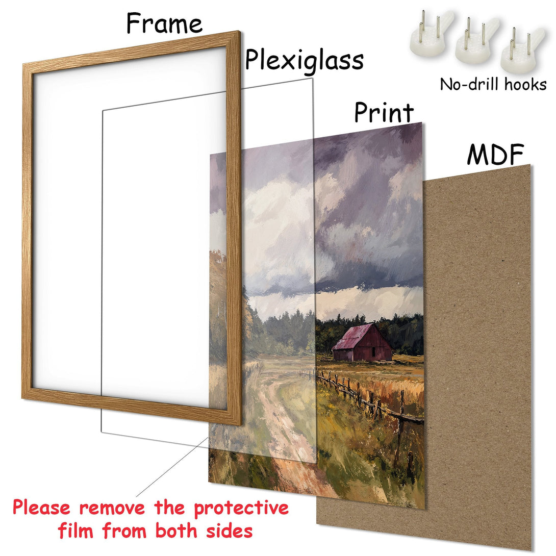 Framed Poster of a rustic landscape painting. Features a barn, warm earth tones, and a cloudy sky. Perfect wall art!