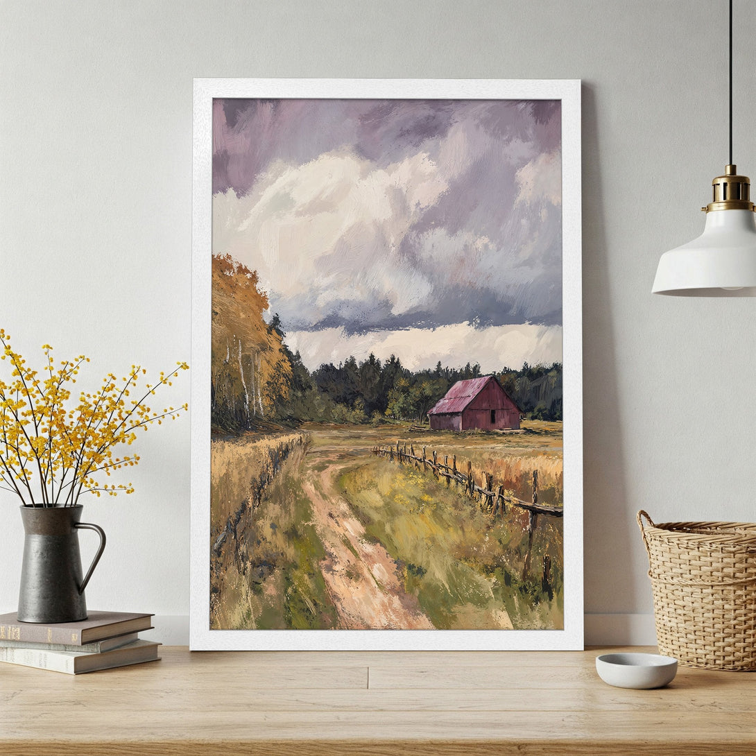 Framed Poster featuring a rustic landscape painting with a red barn, in a warm earth-tone color palette. Perfect wall art for your home.