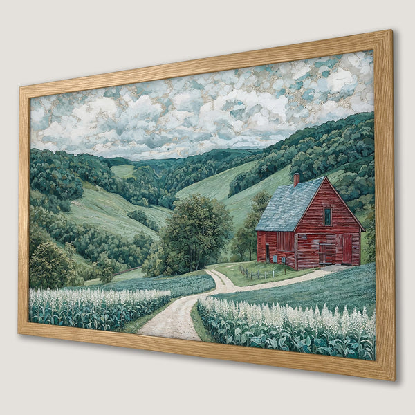 Framed Poster: Scenic landscape art print featuring a red barn, green hills, and a calming blue and green color palette. Perfect wall decor!