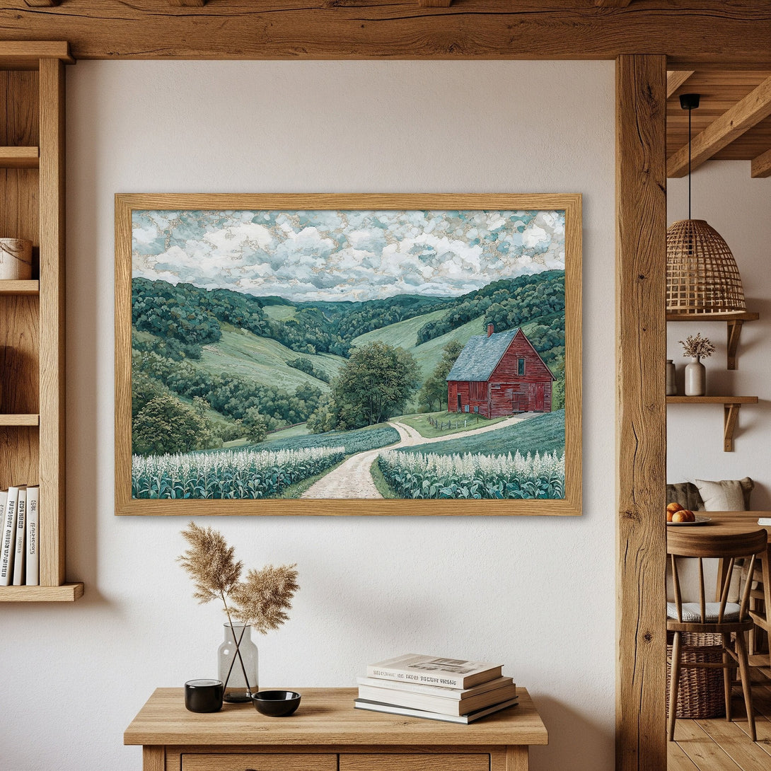 Framed Poster featuring a serene landscape with a red barn. Rustic style, green and blue tones. Perfect wall art for your home!