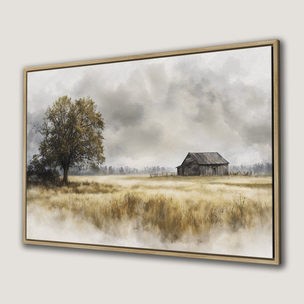Framed Wall Art: Rustic landscape Canvas Print featuring a barn and tree in a muted, warm color palette. Perfect for farmhouse decor.